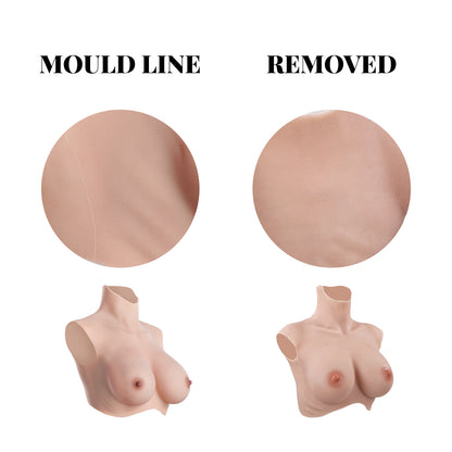 Comparison of a breast model with and without a mould line on a white background.